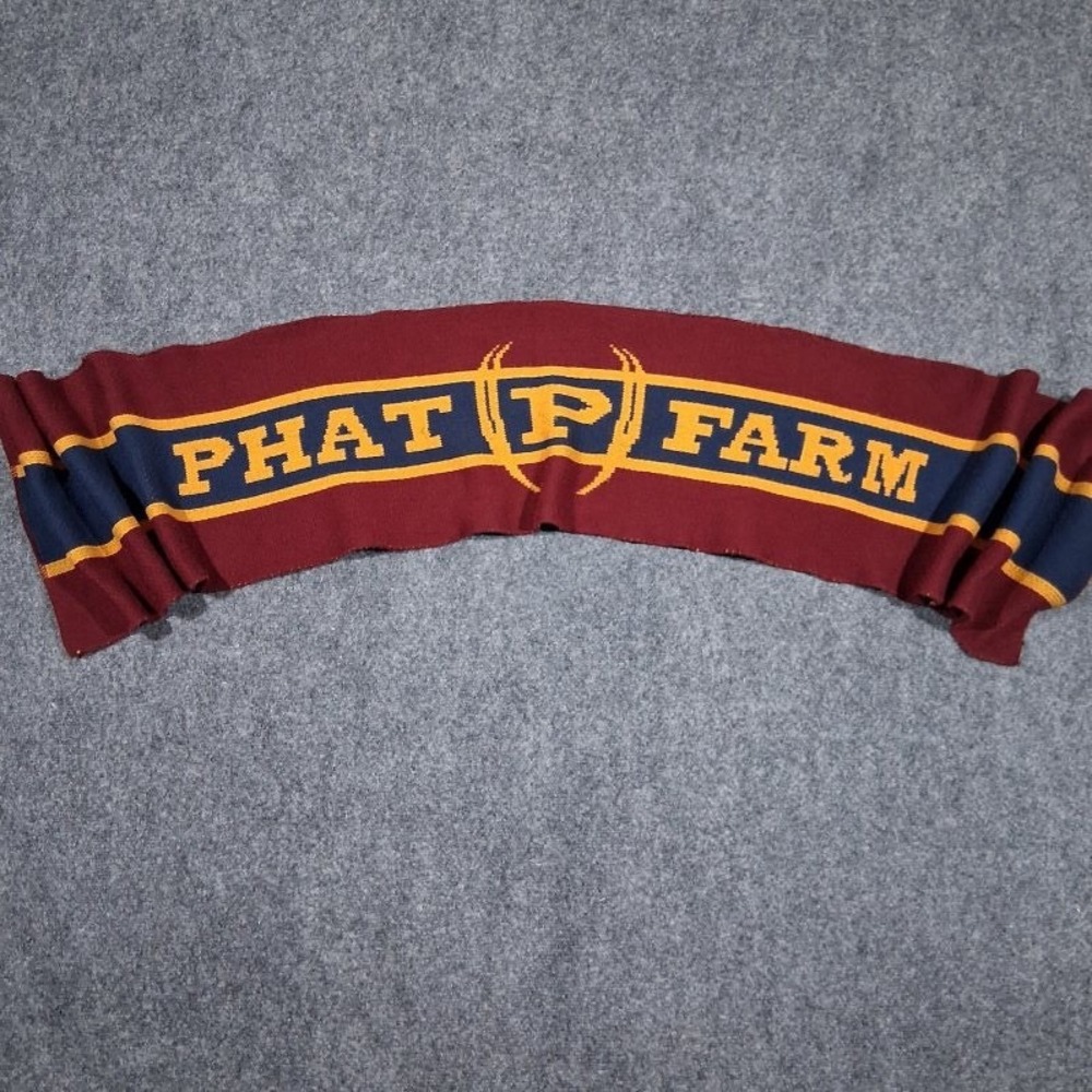 Vintage Phat Farm Knit‎ Scarf Burgundy Navy Blue Yellow Logo One Size
